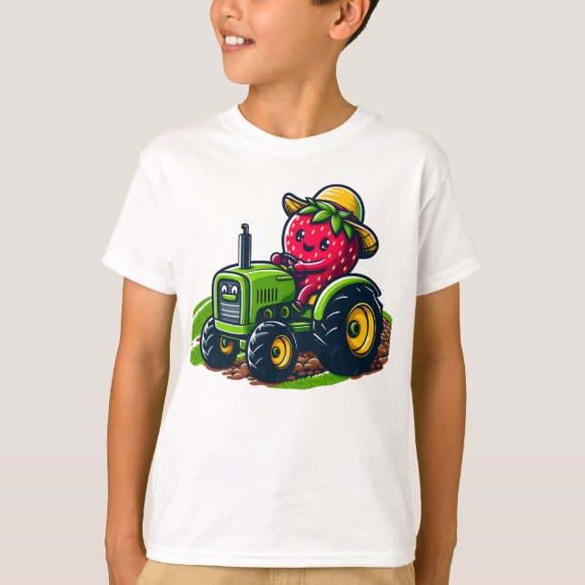 Strawberry on a Green Tractor – Farming Fun T-Shirt (Front)