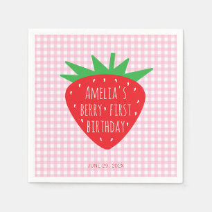 Strawberry on Pink Plaid Girl Berry First Birthday Napkins