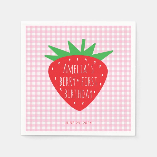 Strawberry on Pink Plaid Girl Berry First Birthday Napkins (Front)