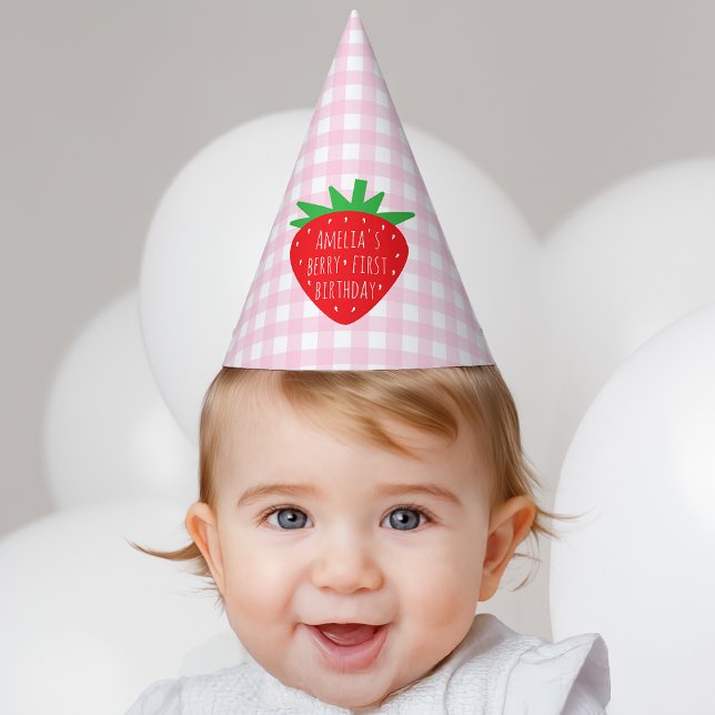 Strawberry on Pink Plaid Girl Berry First Birthday Party Hat (Creator Uploaded)