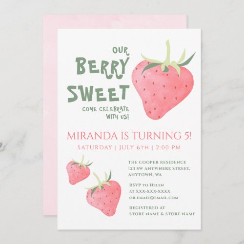 Strawberry OUR BERRY SWEET Birthday Party Invitation