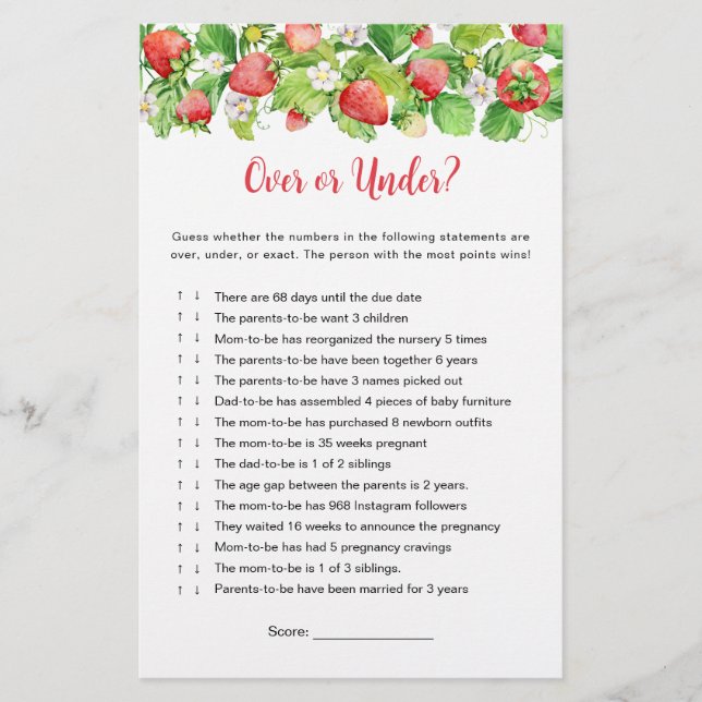 Strawberry Over or Under Baby Shower Game (Front)