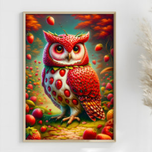 Strawberry Owl Fantasy Surrealistic Owl Poster