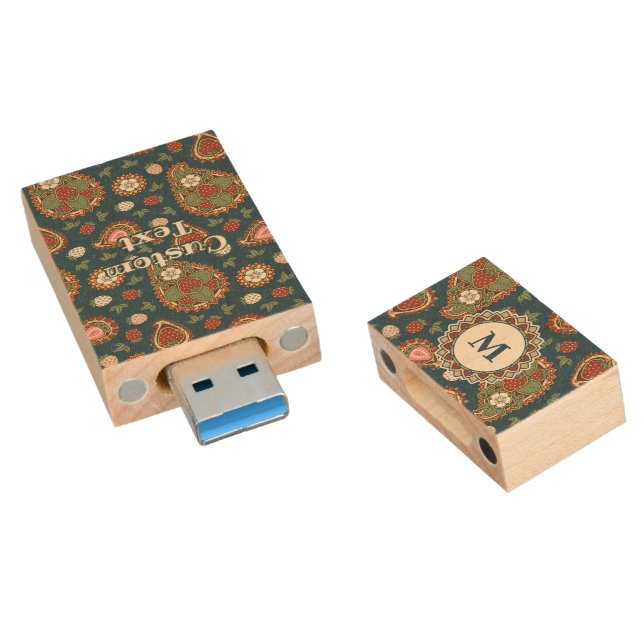 Strawberry Paisley Pattern Wood Flash Drive (Angled)