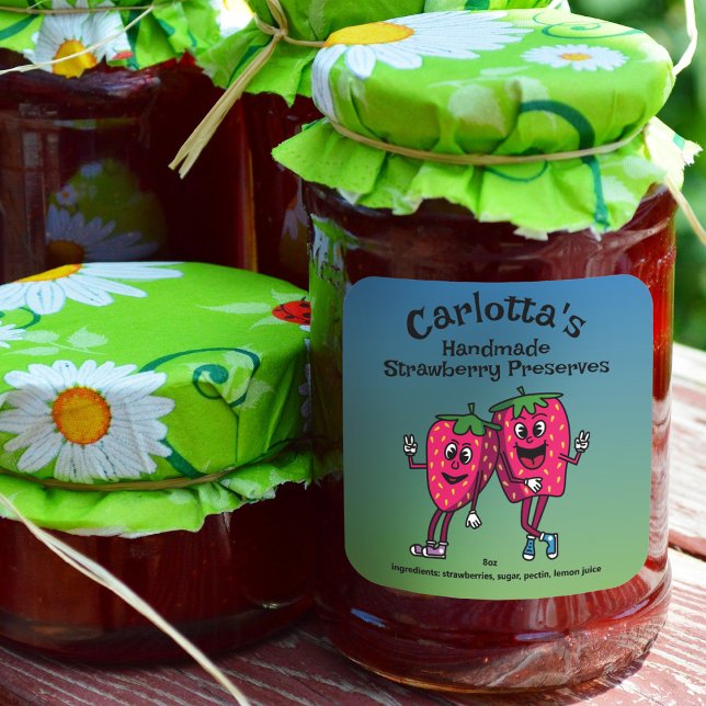 Strawberry Pals Funny Cartoon Jam Pie and More Square Sticker (Creator Uploaded)