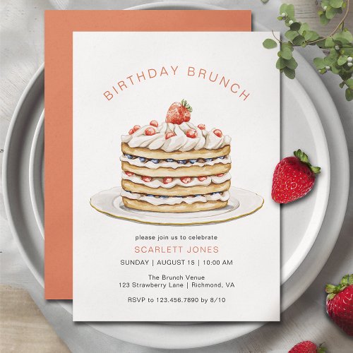 Strawberry Pancakes  Fun Cute Birthday Brunch Invitation