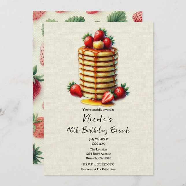 Strawberry Pancakes Stack Birthday Brunch  Invitation (Front/Back)