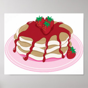 Strawberry Pancakes Sweet Breakfast Food Poster