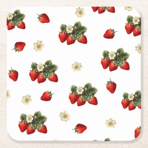 Strawberry paper coasters with blossoms on white