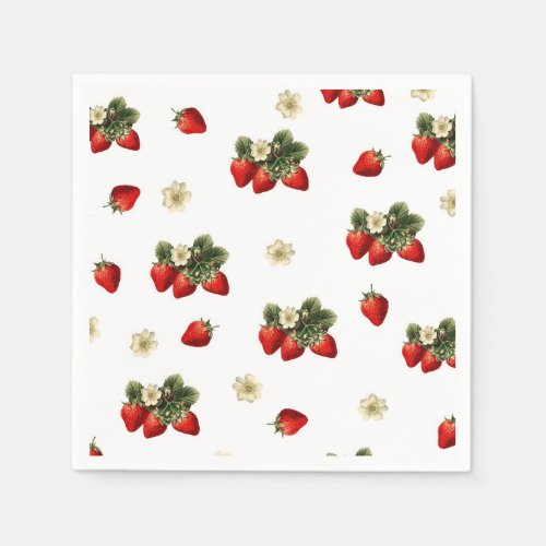 Strawberry paper napkins with blossoms on white