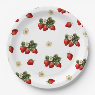 Strawberry paper plates with blossoms on white