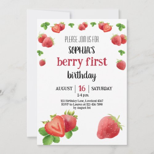 Strawberry Party 1st Birthday Berry Sweet Invitation