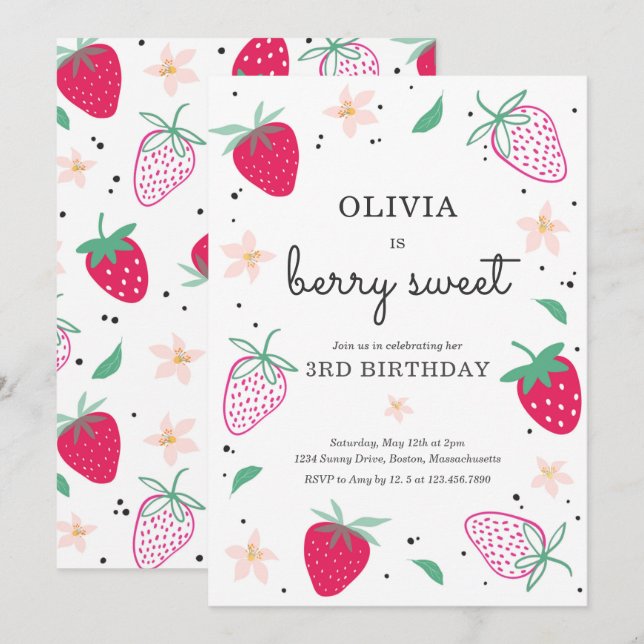 Strawberry Party Berry Sweet Strawberry Birthday Invitation (Front/Back)