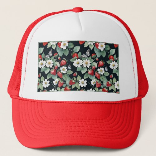 Strawberry Patch Floral on Black Trucker Hat