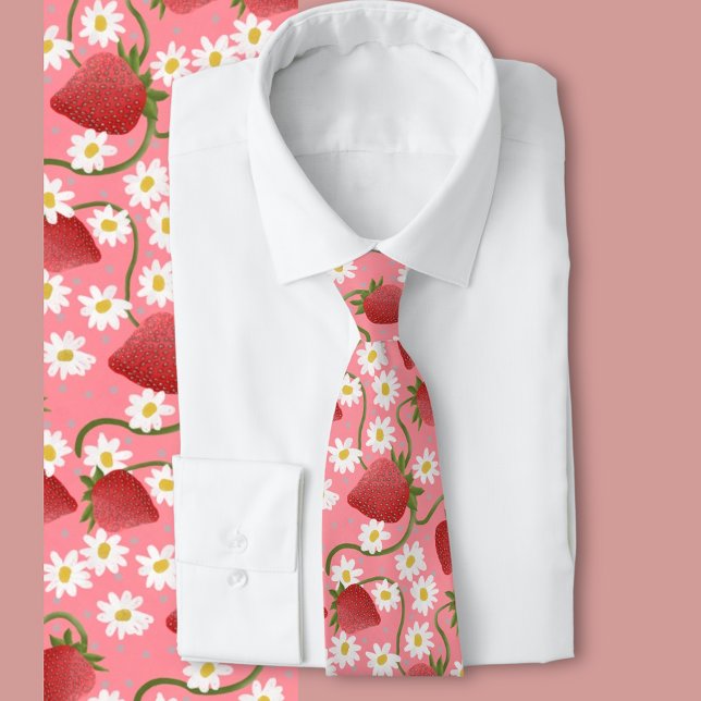 Strawberry Patch pink Neck Tie (Strawberry fruit and blossoms pattern)