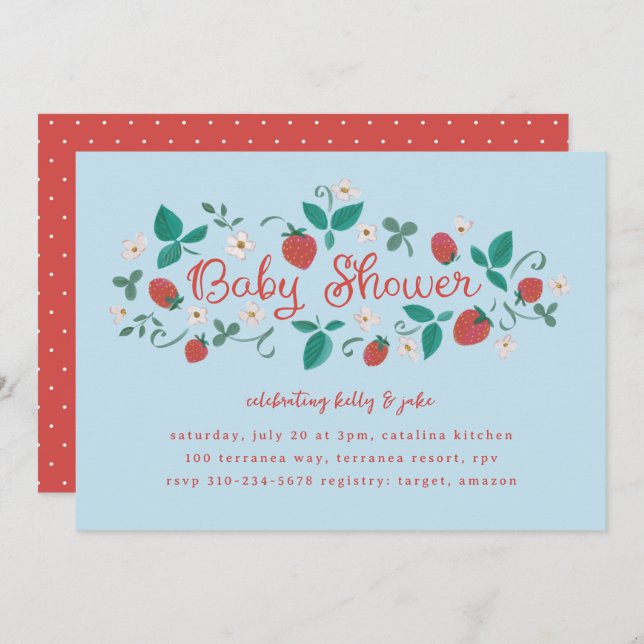 Strawberry Patch Sky Blue Baby Shower Invitation (Front/Back)