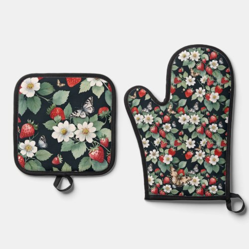 Strawberry Patch with Flowers and Butterflies Oven Mitt  Pot Holder Set