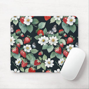 Strawberry Patch with Flowers & Butterflies Black Mouse Pad