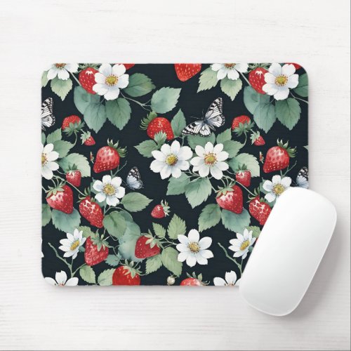 Strawberry Patch with Flowers  Butterflies Black Mouse Pad