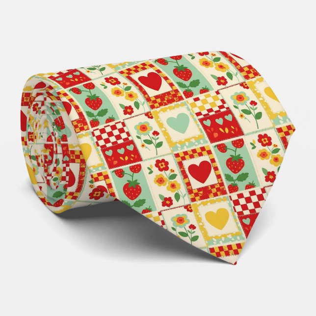 Strawberry Patchwork Picnic Neck Tie (Rolled)