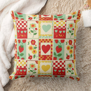 Strawberry Patchwork Picnic Throw Pillow