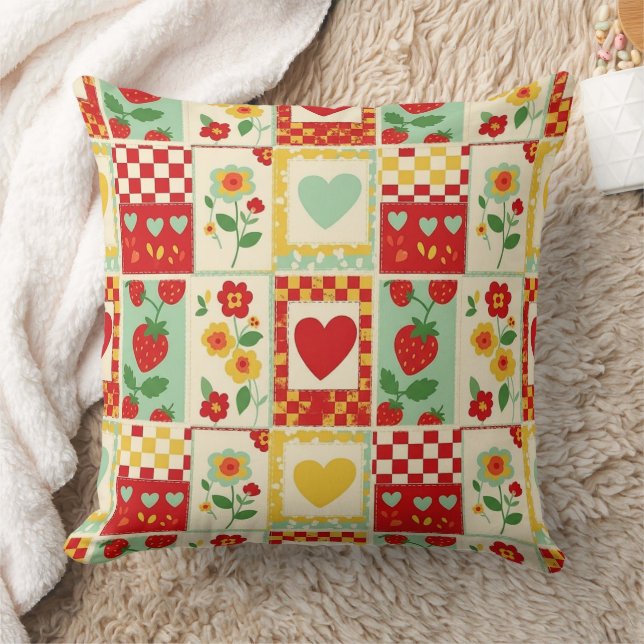Strawberry Patchwork Picnic Throw Pillow (Blanket)