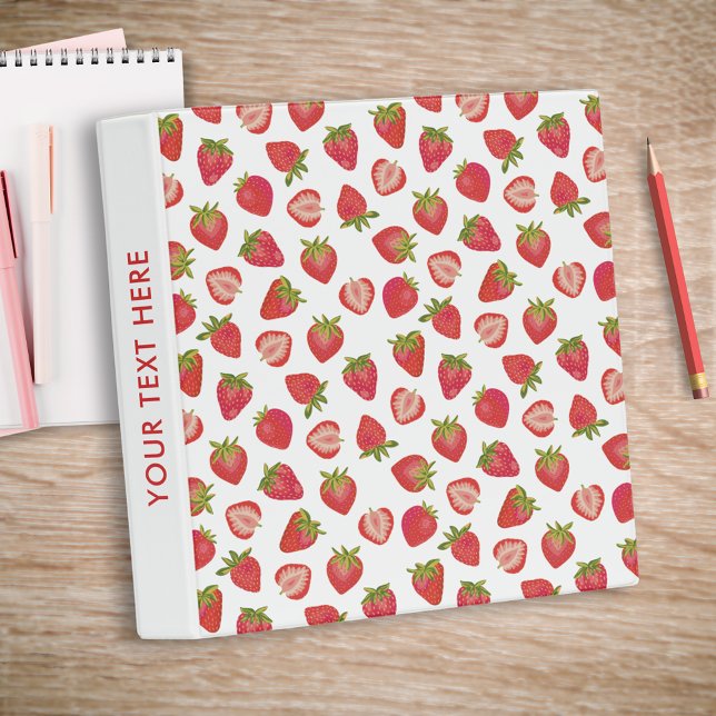 Strawberry Pattern 3 Ring Binder (Strawberry Binder with personalized text to spine)