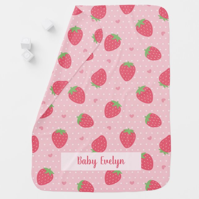 Strawberry Pattern, Baby Girl Personalized Blanket (In Situ)
