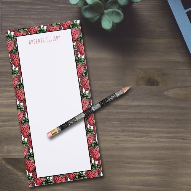 Strawberry Pattern Background Custom Name Magnetic Notepad (This strawberry border magnetic back 9" long notepad is ready for affixing to a metal object. )