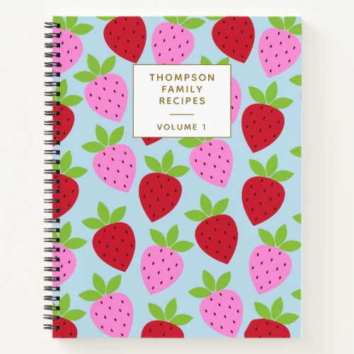 Strawberry Pattern Blue Pink Personalized Recipes Notebook