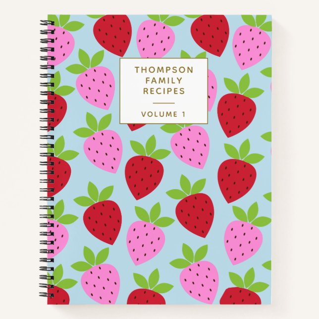 Strawberry Pattern Blue Pink Personalized Recipes Notebook (Front)