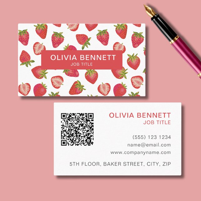 Strawberry Pattern Colorful QR Code Business Card (Personalized strawberry business card with QR code)