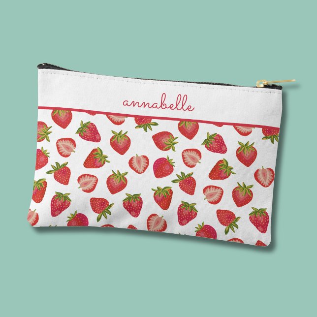 Strawberry pattern first name accessory pouch (Strawberry pattern personalized name cosmetic pouch)