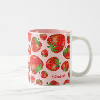 Strawberry Pattern Illustration & Custom Name Two-Tone Coffee Mug