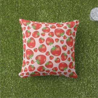 Strawberry Pattern Illustration On Light Pink Outdoor Pillow
