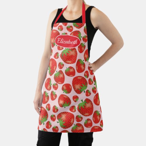 Strawberry Pattern Illustration With Custom Name Apron