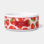 Strawberry Pattern Illustration With Custom Name Bowl<br><div class="desc">Fruity pattern of red and green color strawberries together with a personalizable text area for a name or other custom text such as "food" or "water", for example. The background color is light pink and the top and bottom have red color borders. This playful pattern of strawberries is great for...</div>