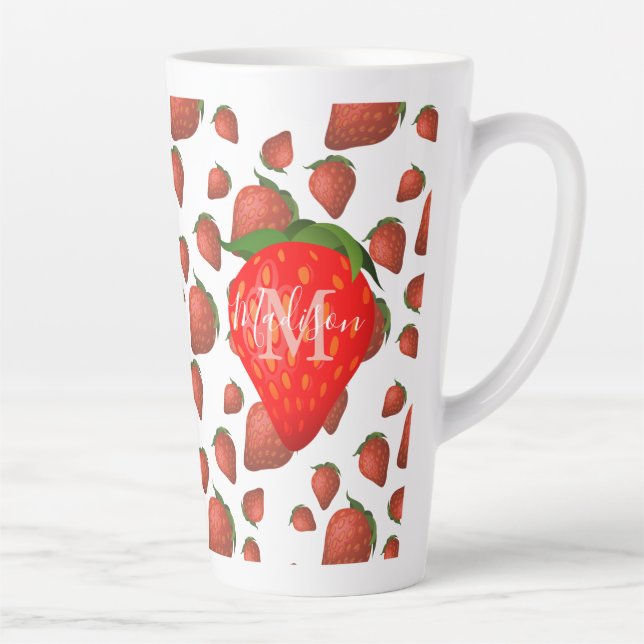 Strawberry Pattern Monogram Initial Name Latte Mug (Right)