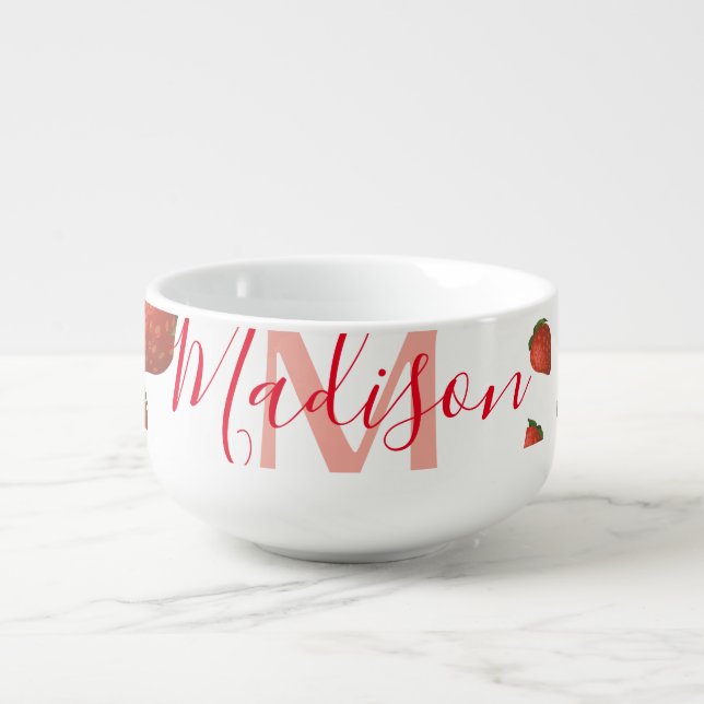 Strawberry Pattern Monogram Initial Name Thermal T Soup Mug (Front)
