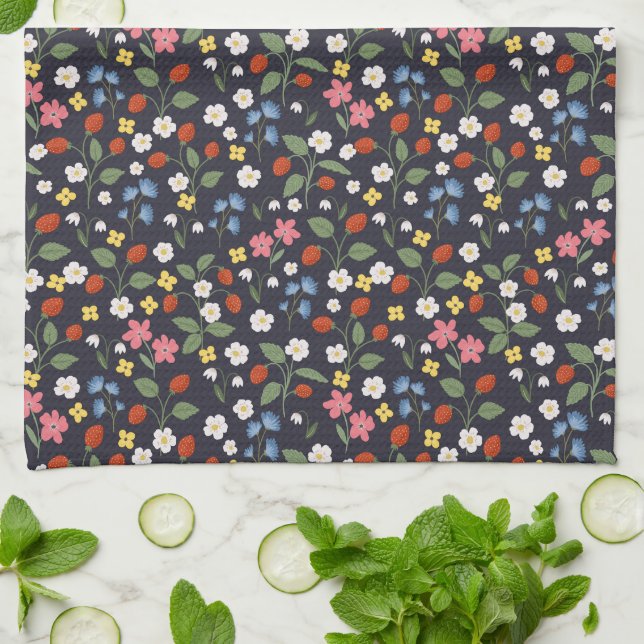 Strawberry pattern navy  kitchen towel (Folded)