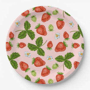 Strawberry Pattern Pink Background Paper Plates