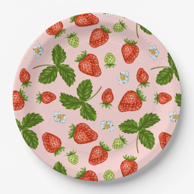 Strawberry Pattern Pink Background Paper Plates (Front)