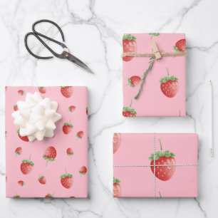 Strawberry Pattern Pink Wrapping Paper Sheets