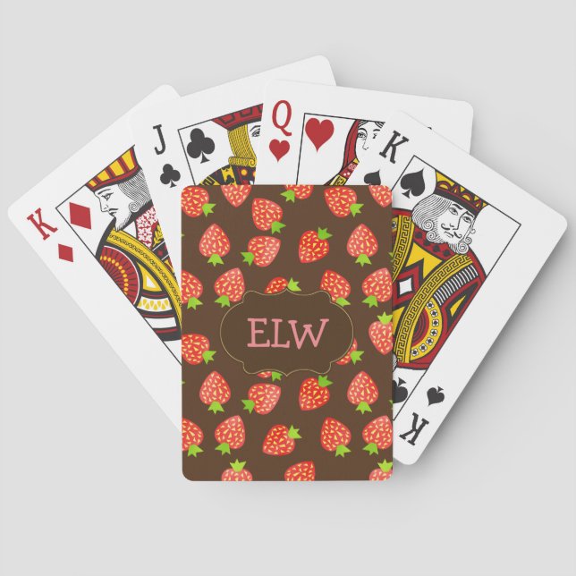 Strawberry Pattern Pretty Monogram Pink Brown Poker Cards (Back)