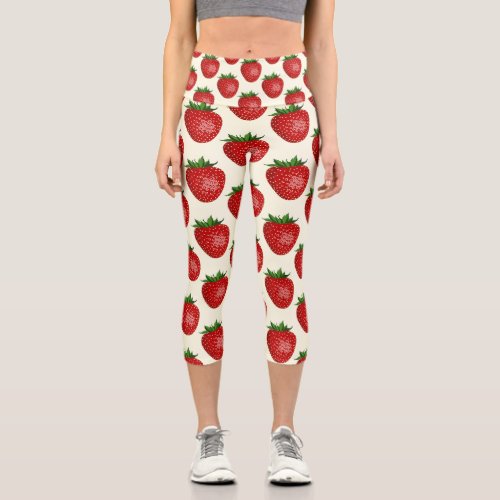 Strawberry Pattern Red Strawberries Fruit Leaf Capri Leggings