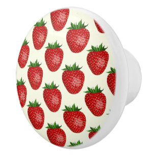 Strawberry Pattern, Red Strawberries, Fruit, Leaf Ceramic Knob
