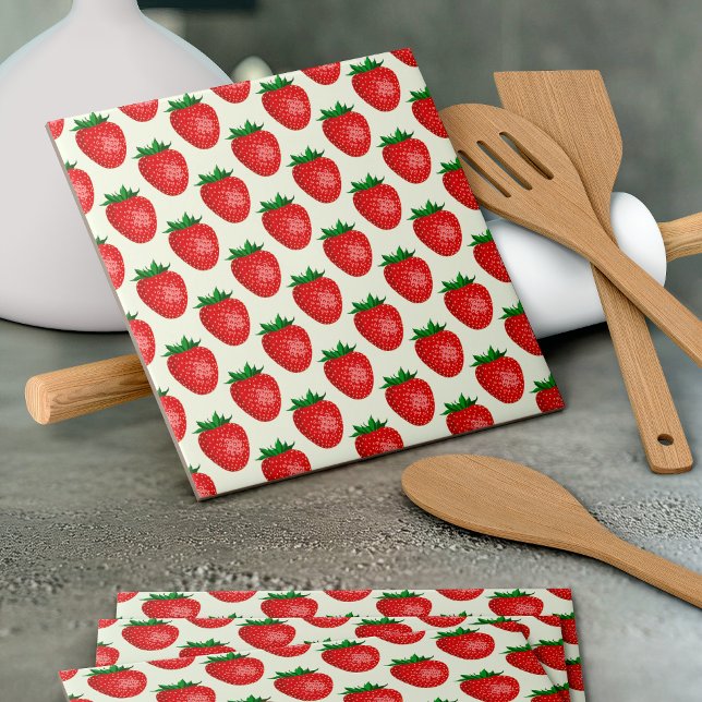 Strawberry Pattern, Red Strawberries, Fruit, Leaf Ceramic Tile (Creator Uploaded)