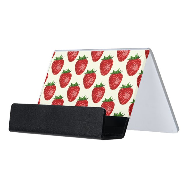 Strawberry Pattern, Red Strawberries, Fruit, Leaf Desk Business Card Holder (Angled Front)