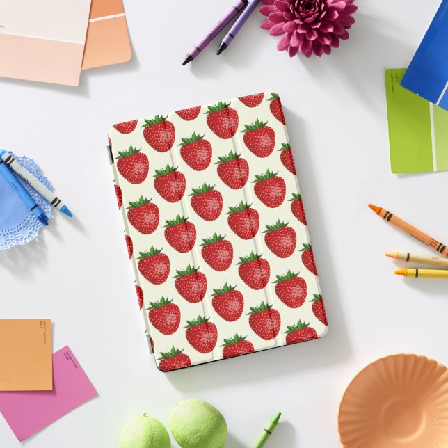 Strawberry Pattern, Red Strawberries, Fruit, Leaf iPad Pro Cover (Desk)