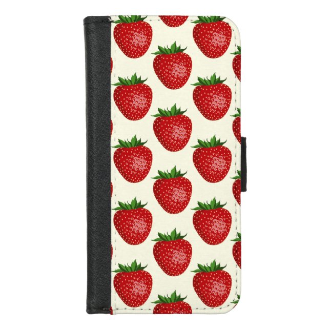 Strawberry Pattern, Red Strawberries, Fruit, Leaf iPhone Wallet Case (Front)